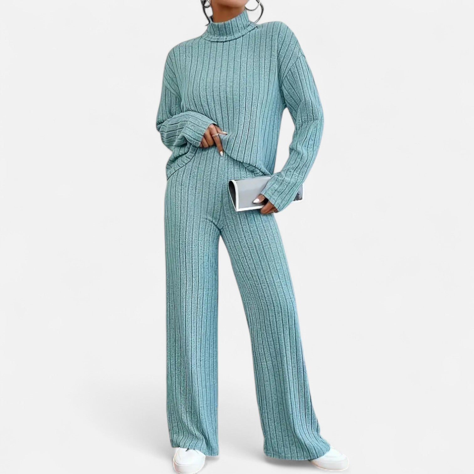 Women’s Ribbed Mock Neck Top and Wide Leg Trousers Set