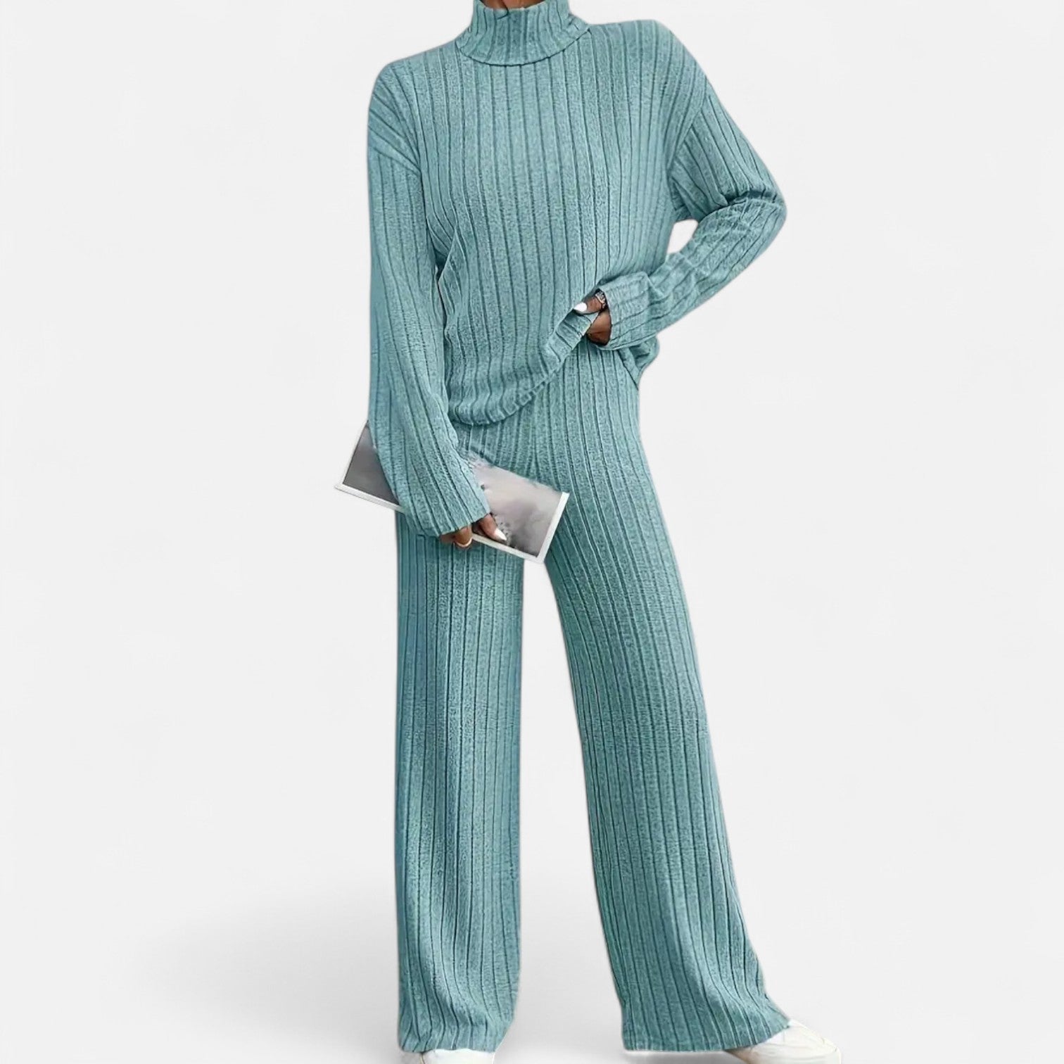 Women’s Ribbed Mock Neck Top and Wide Leg Trousers Set