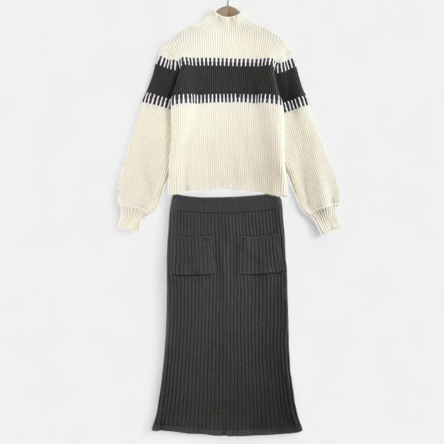 High Neck Knit Pullover and Split Midi Skirt Set