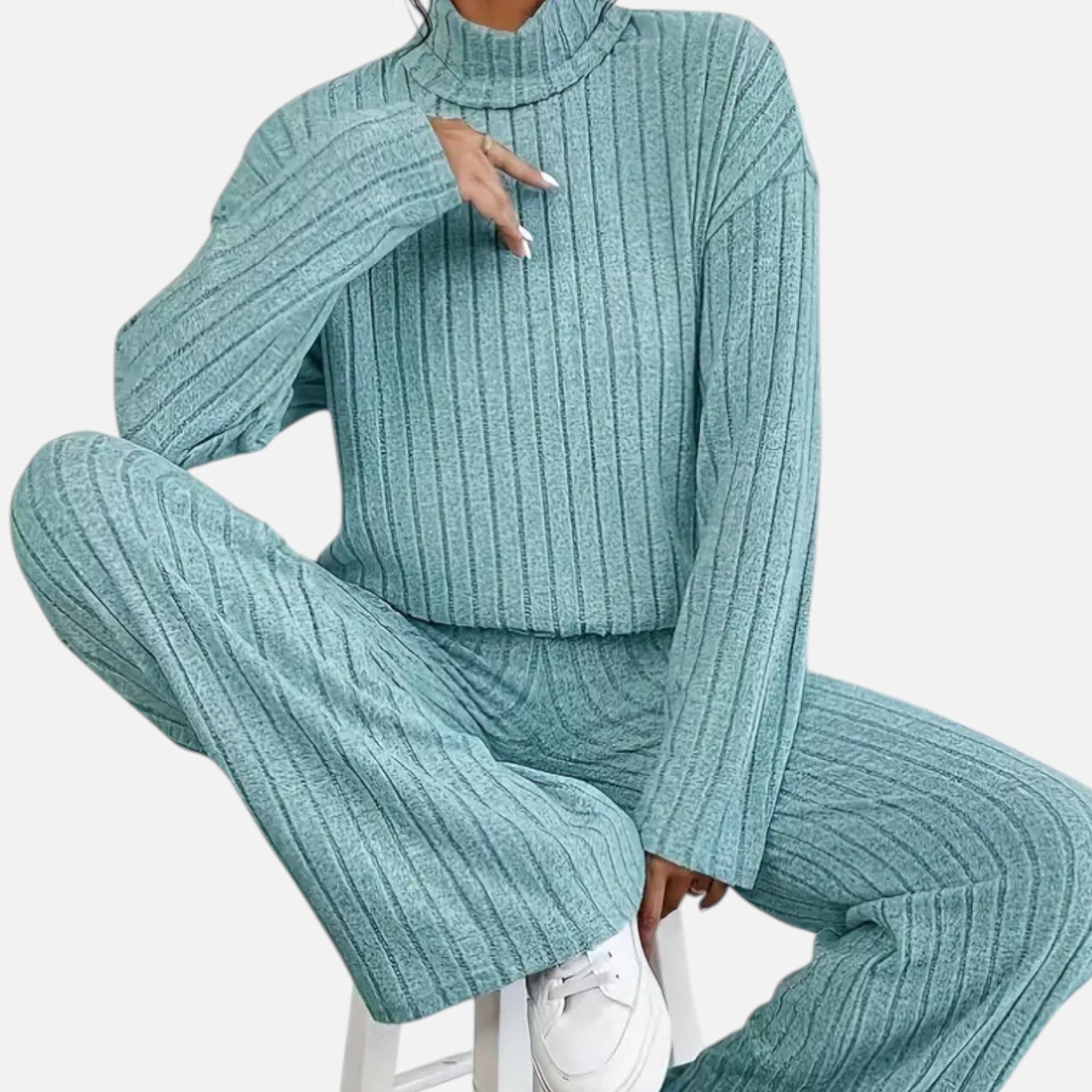 Women’s Ribbed Mock Neck Top and Wide Leg Trousers Set