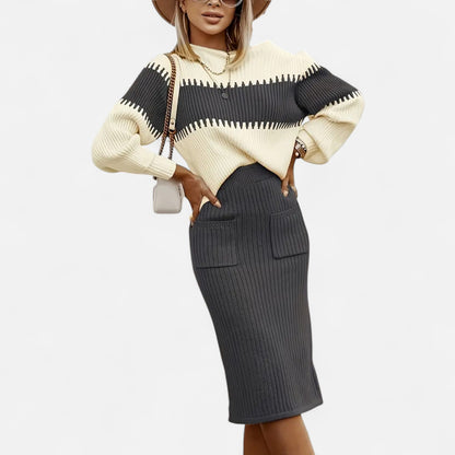 Dorevelle | Women’s Knit Set – High-Neck Pullover & Midi Skirt