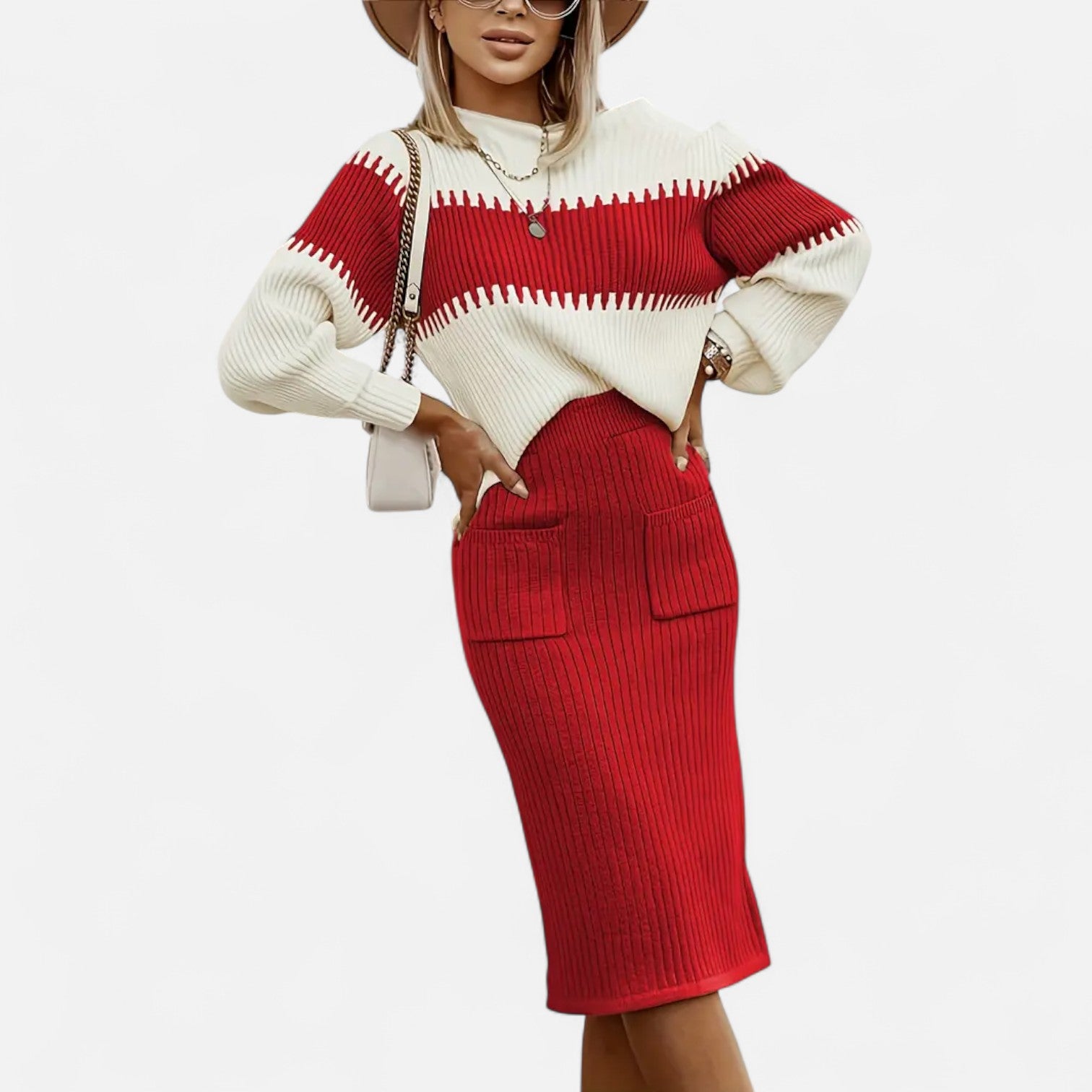 High Neck Knit Pullover and Split Midi Skirt Set