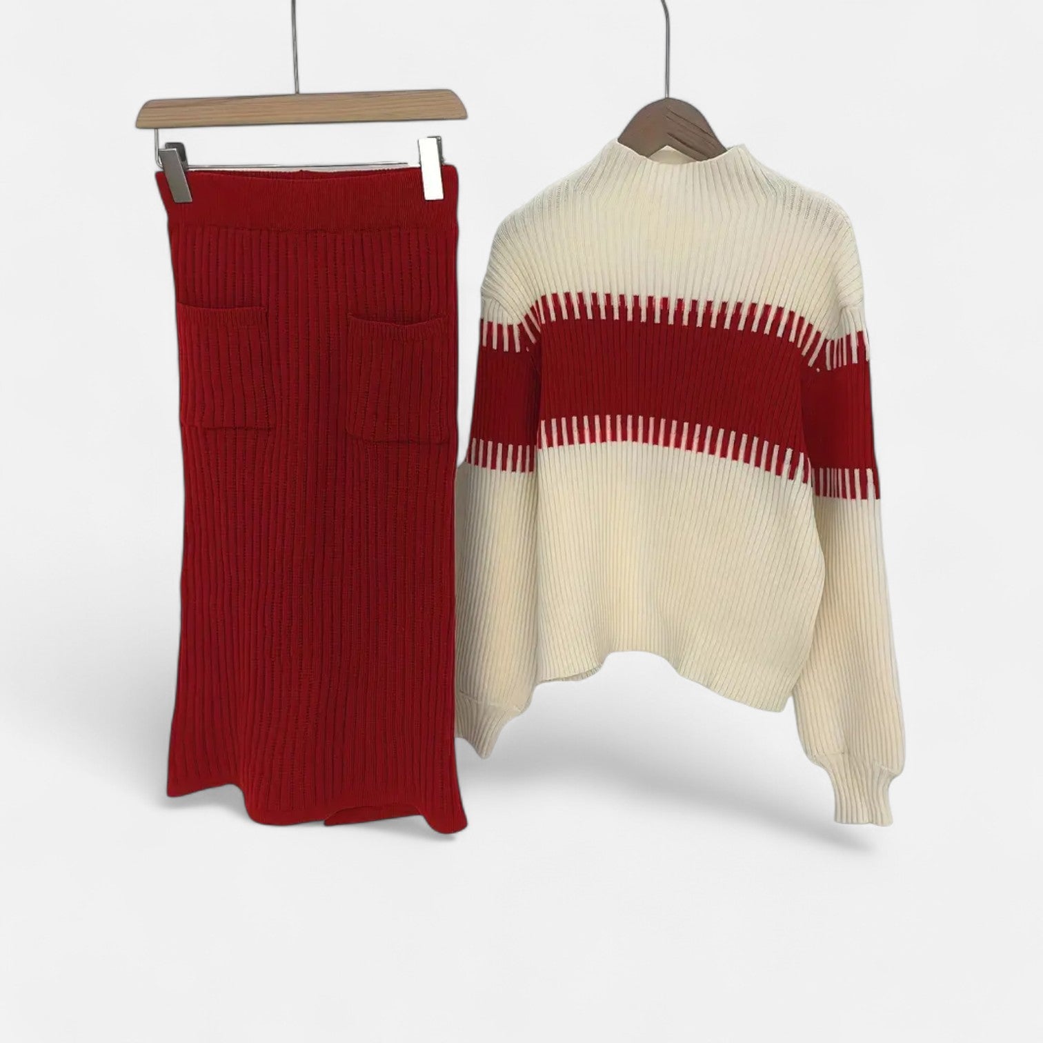 High Neck Knit Pullover and Split Midi Skirt Set