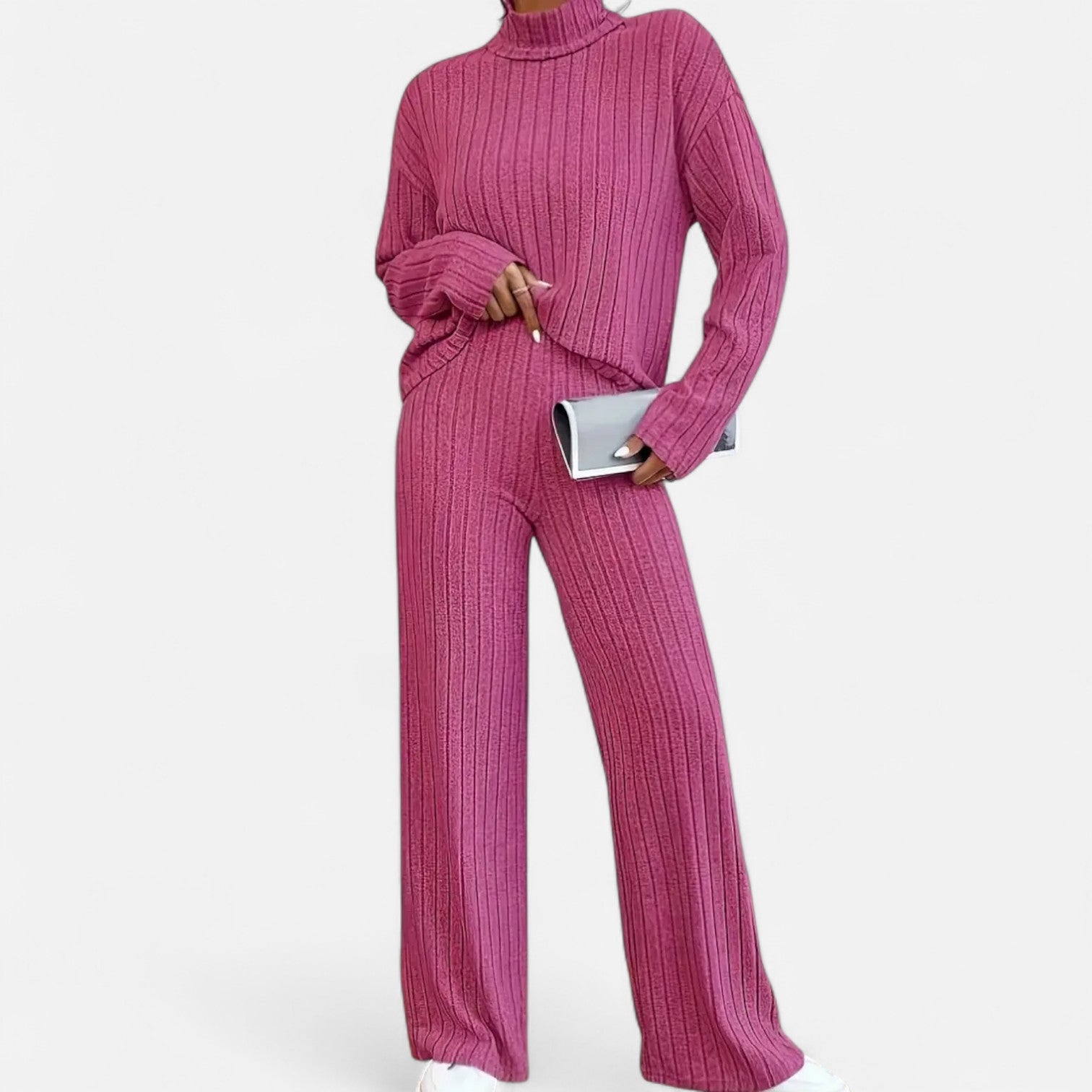 Women’s Ribbed Mock Neck Top and Wide Leg Trousers Set