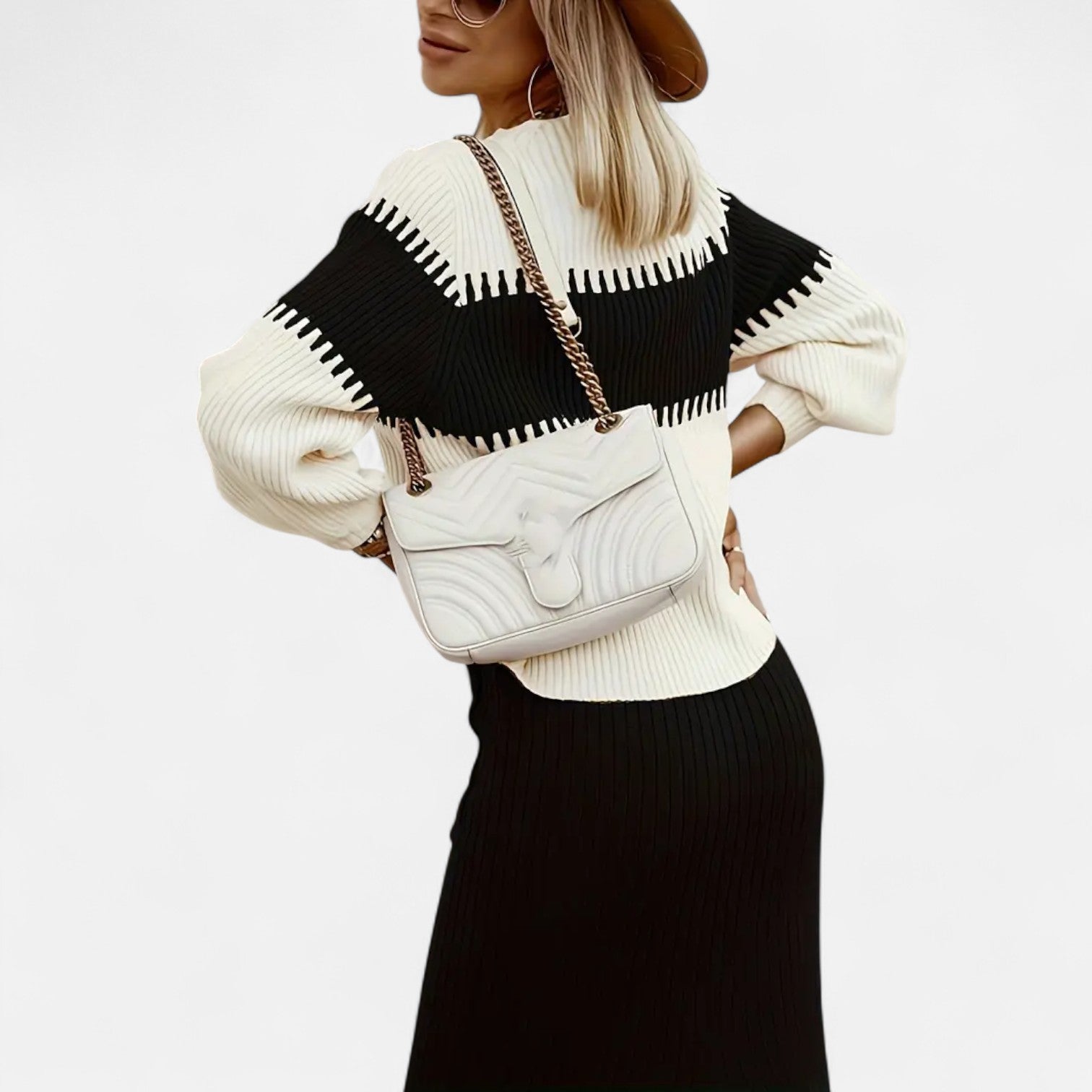 High Neck Knit Pullover and Split Midi Skirt Set