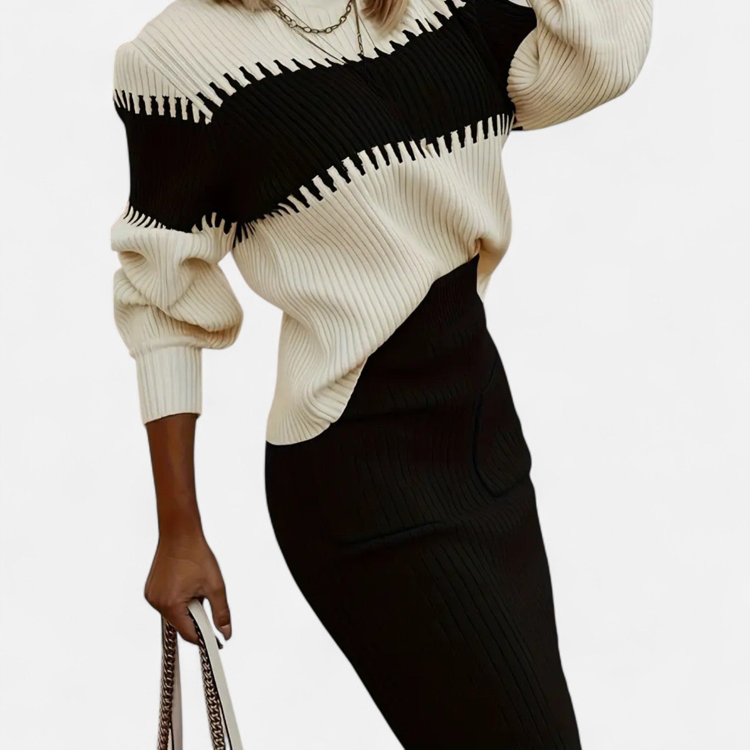 High Neck Knit Pullover and Split Midi Skirt Set