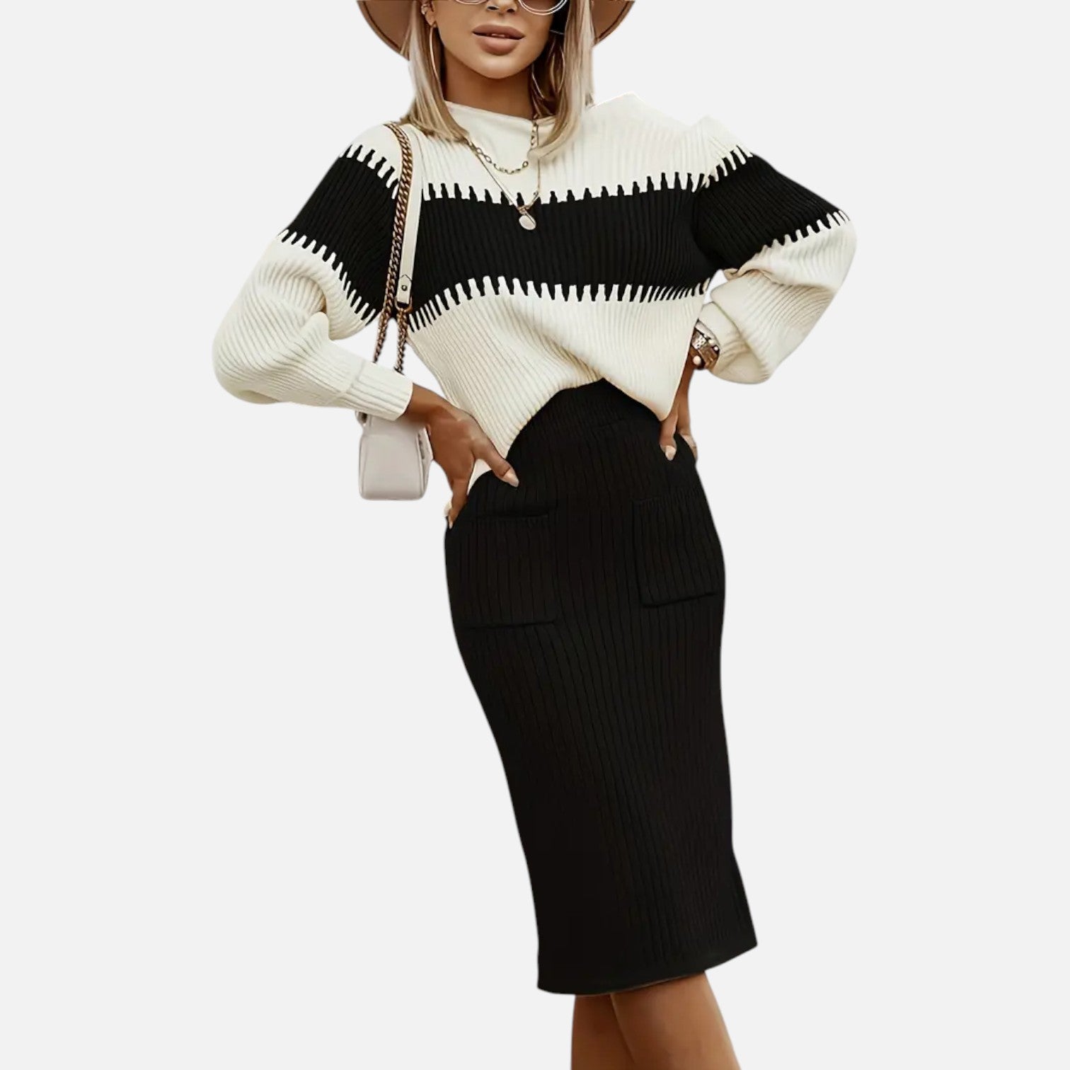 High Neck Knit Pullover and Split Midi Skirt Set