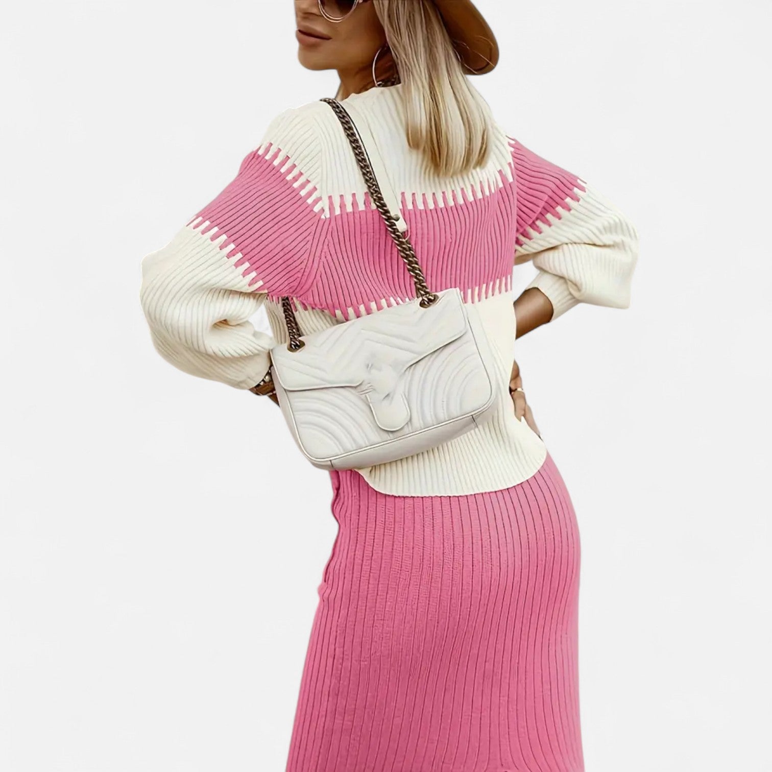High Neck Knit Pullover and Split Midi Skirt Set