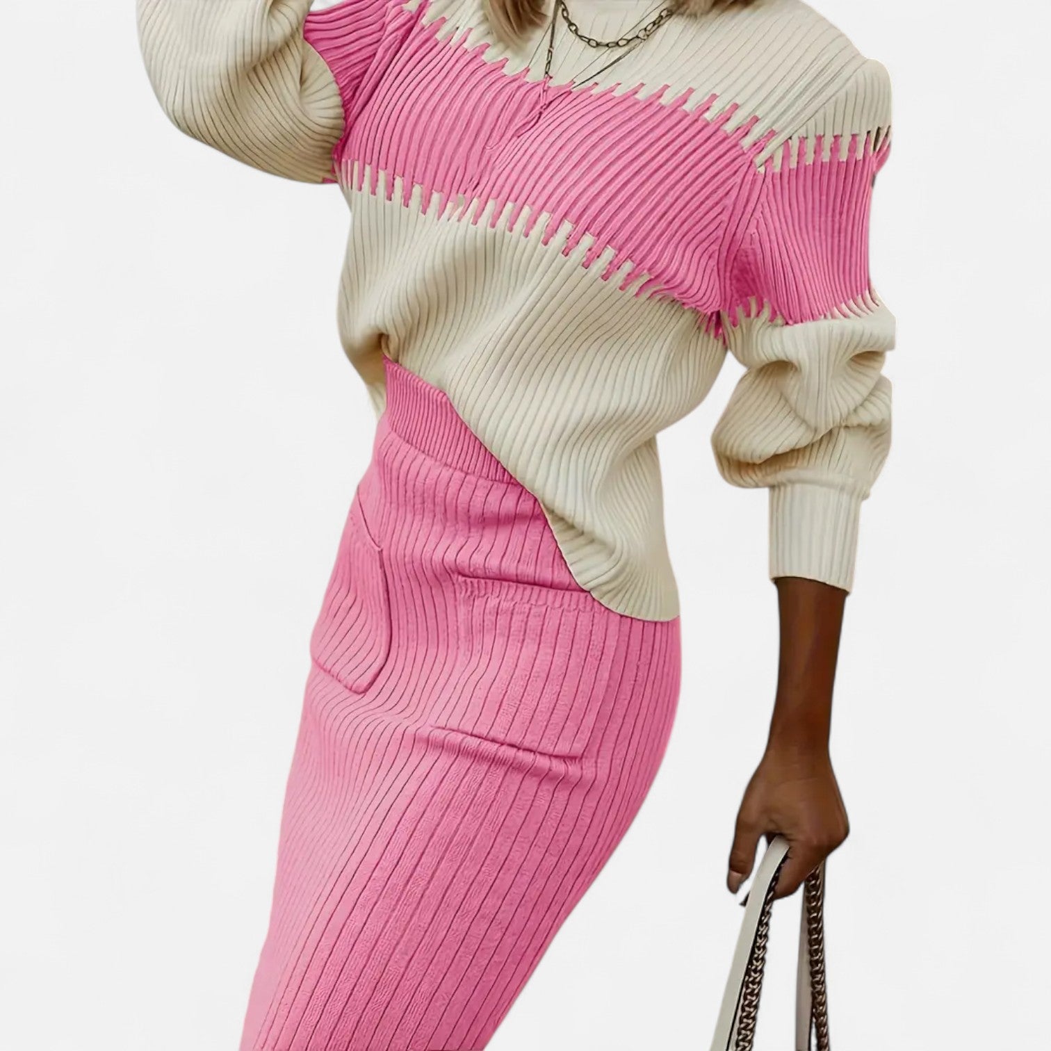 High Neck Knit Pullover and Split Midi Skirt Set