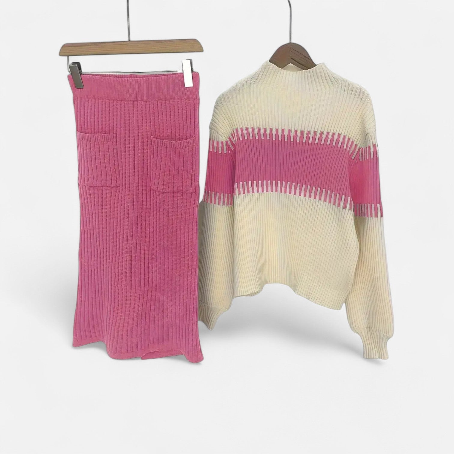 High Neck Knit Pullover and Split Midi Skirt Set
