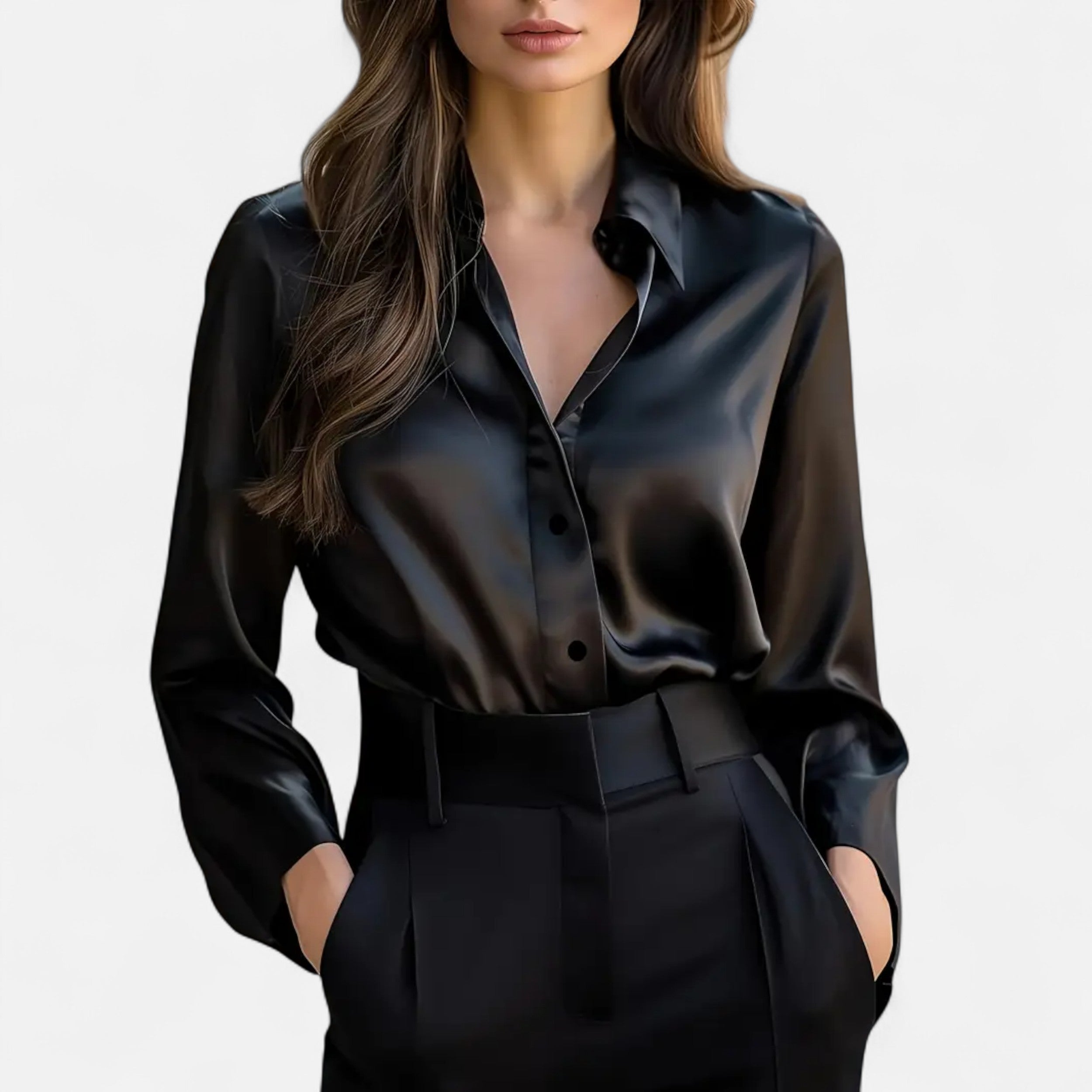 Women’s Satin Long Sleeve Blouse With Classic Collar