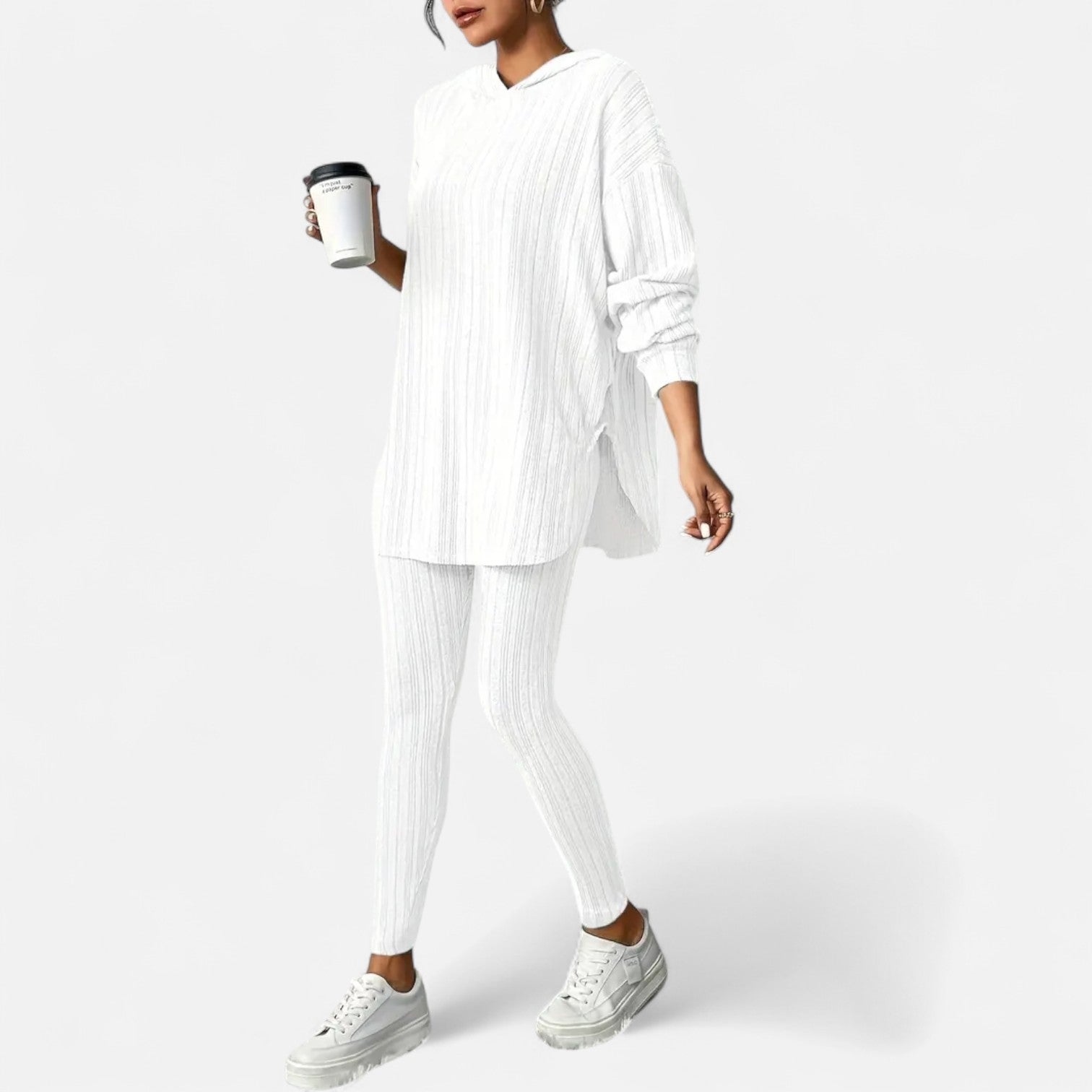 Ribbed Hooded Top and Skinny Pants Two Piece Set for Women