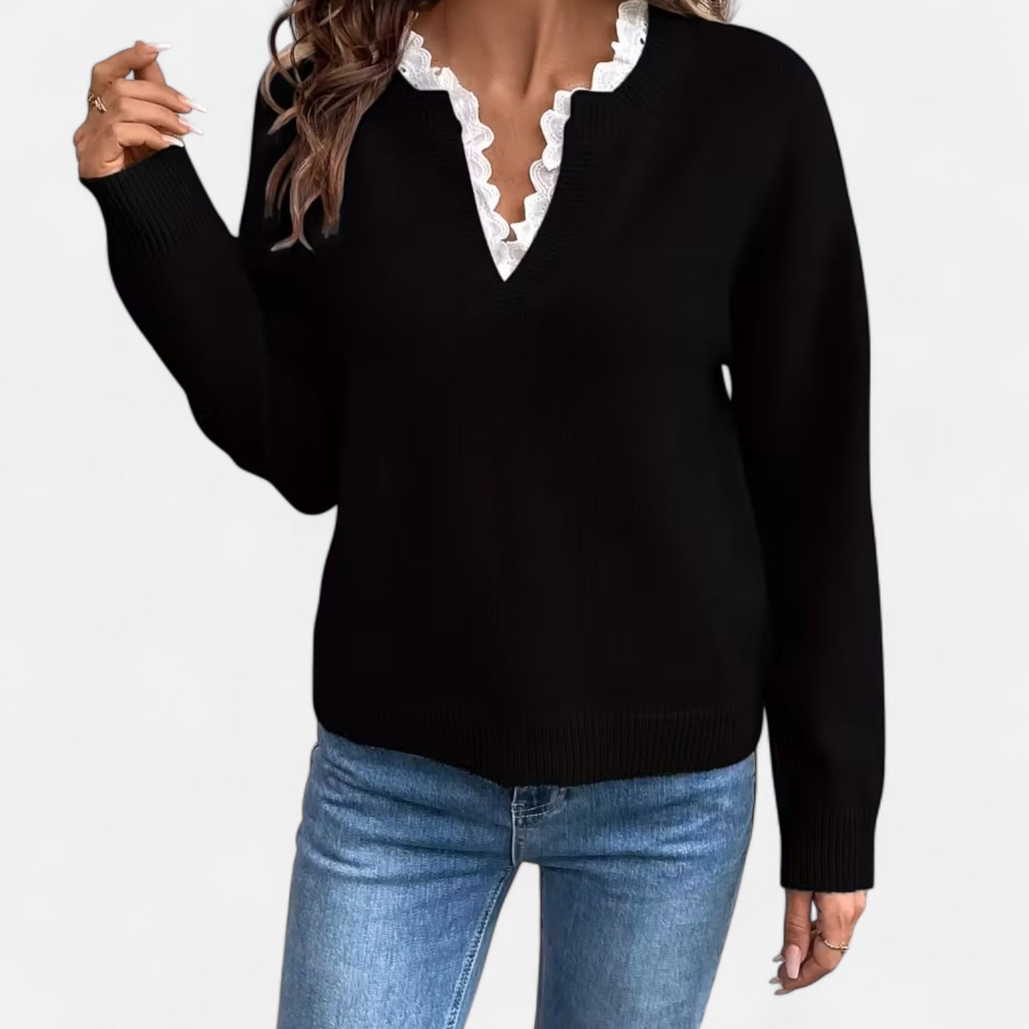 Dorevelle | Women’s Lace-Trim V-Neck Sweater