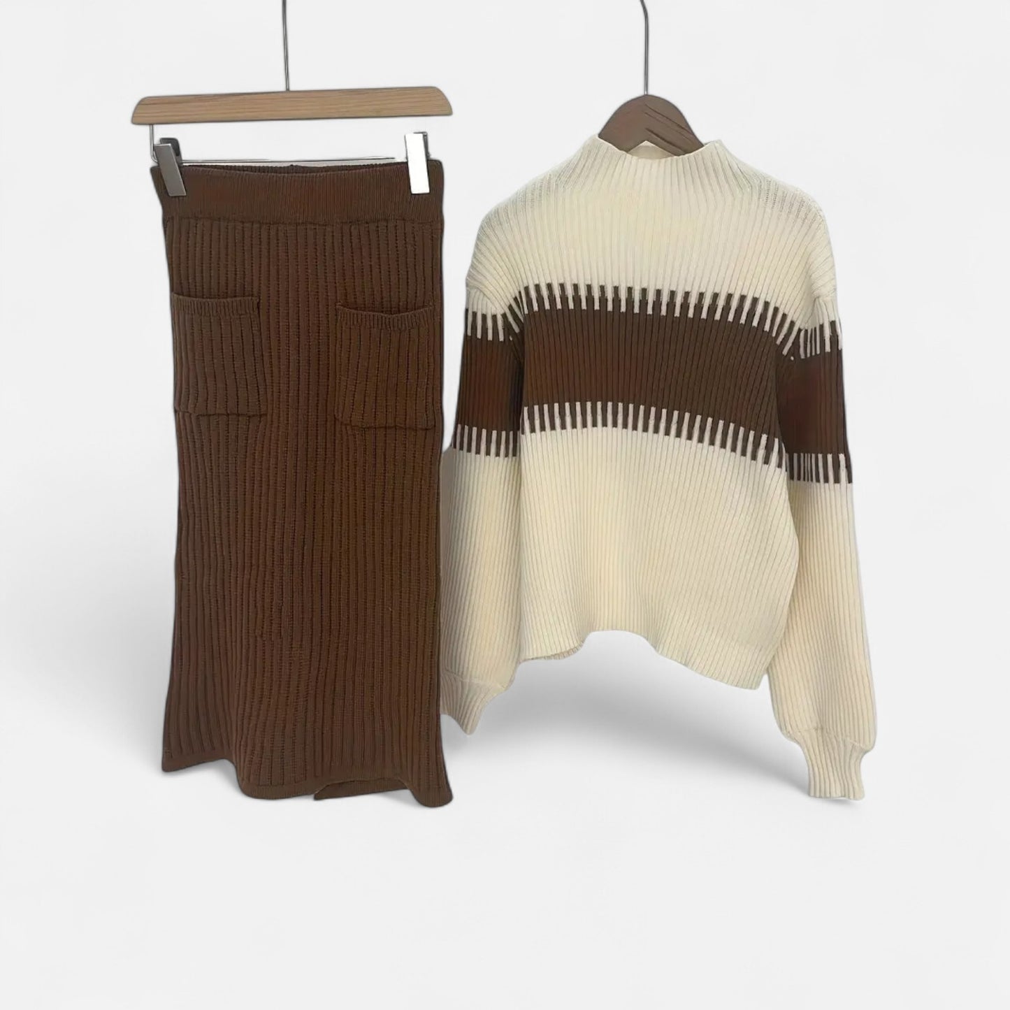 Dorevelle | Women’s Knit Set – High-Neck Pullover & Midi Skirt