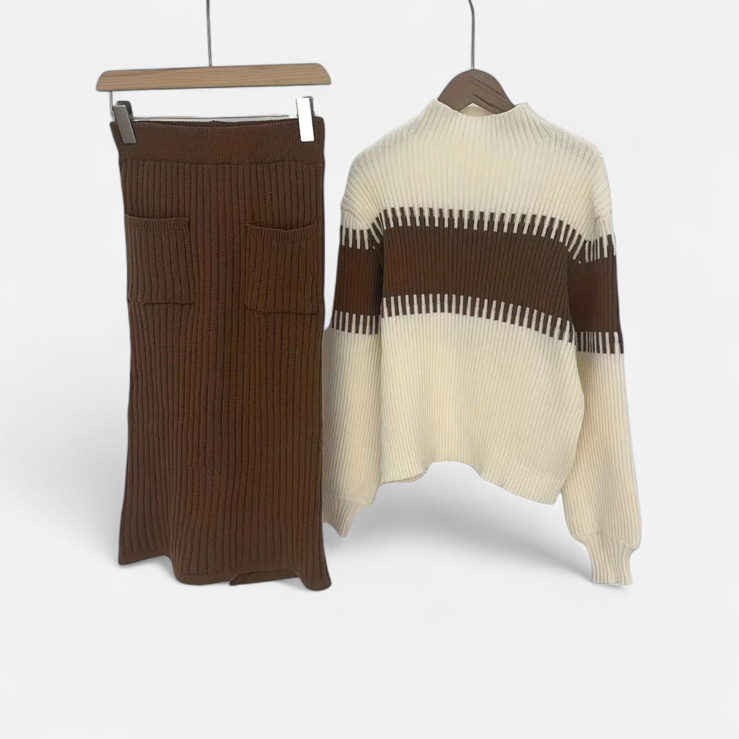 High Neck Knit Pullover and Split Midi Skirt Set