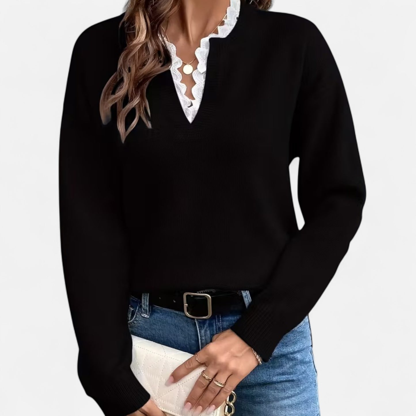 Dorevelle | Women’s Lace-Trim V-Neck Sweater
